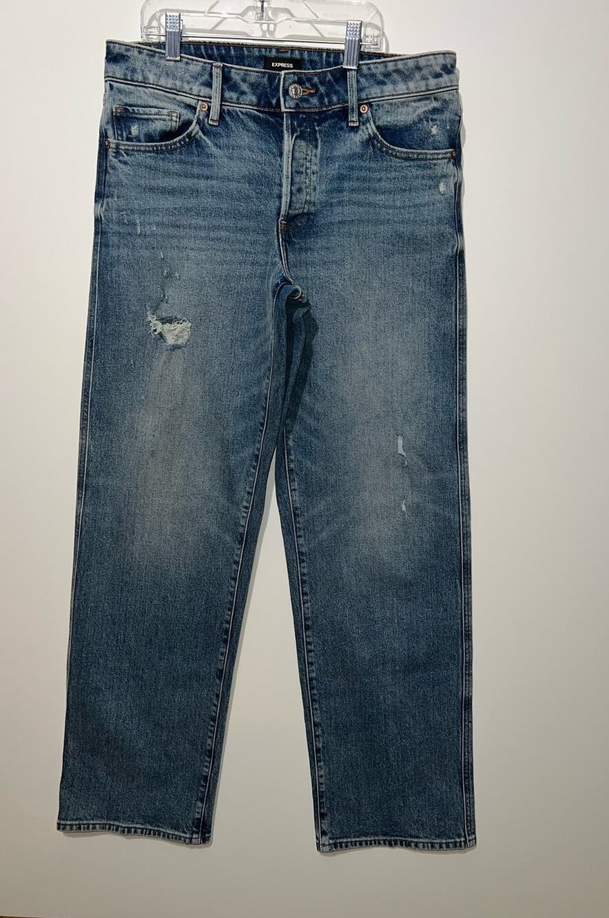Express women’s distressed relaxed straight low rise button zipper blue jeans